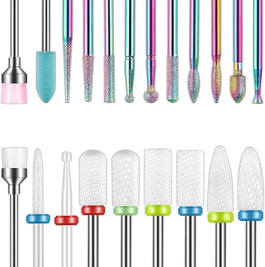 19pcs Nail Drill Bits Sets, 3/32 Inch Diamond Cuticle Electric Nail File and Ceramic Acrylic Gel Nail Bit Kit, Acrylic Nail Art Tools, Carbide Cuticle Remover Bits for Manicure…