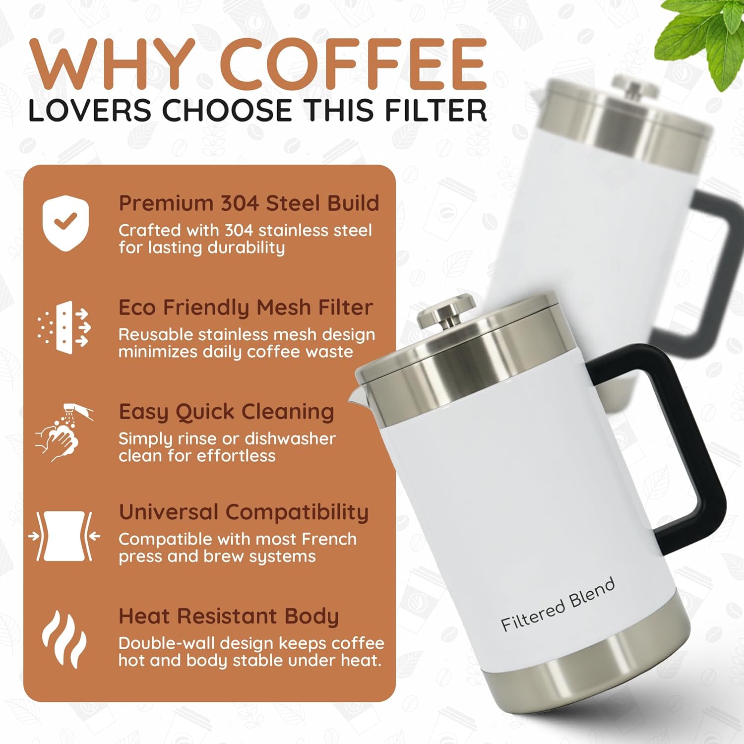 1.6L French Press Coffee Maker, 54oz Large Capacity French Press Stainless Steel Brewer with Double Filter Mesh for Kitchen Travel Camping, Hot & Cold Brew Coffee Maker Gifts (White)