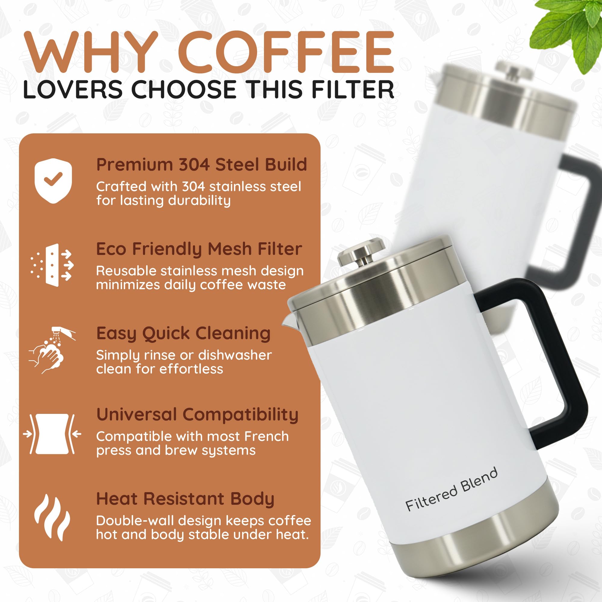 Filtered Blend 1.6L French Press Coffee Maker (White) thumbnail 2