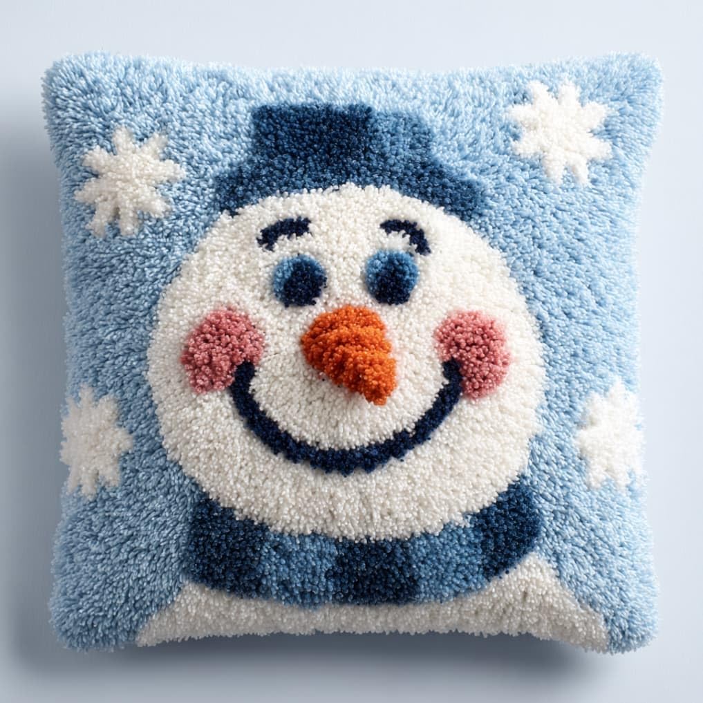 WallustrioaW DIY Latch Hook Pillow Kit,Snowman Pillowcase Kits Embroidery Kits 17X17 Inch DIY Needlework Pillow Cover Sofa Cushion Rug Making