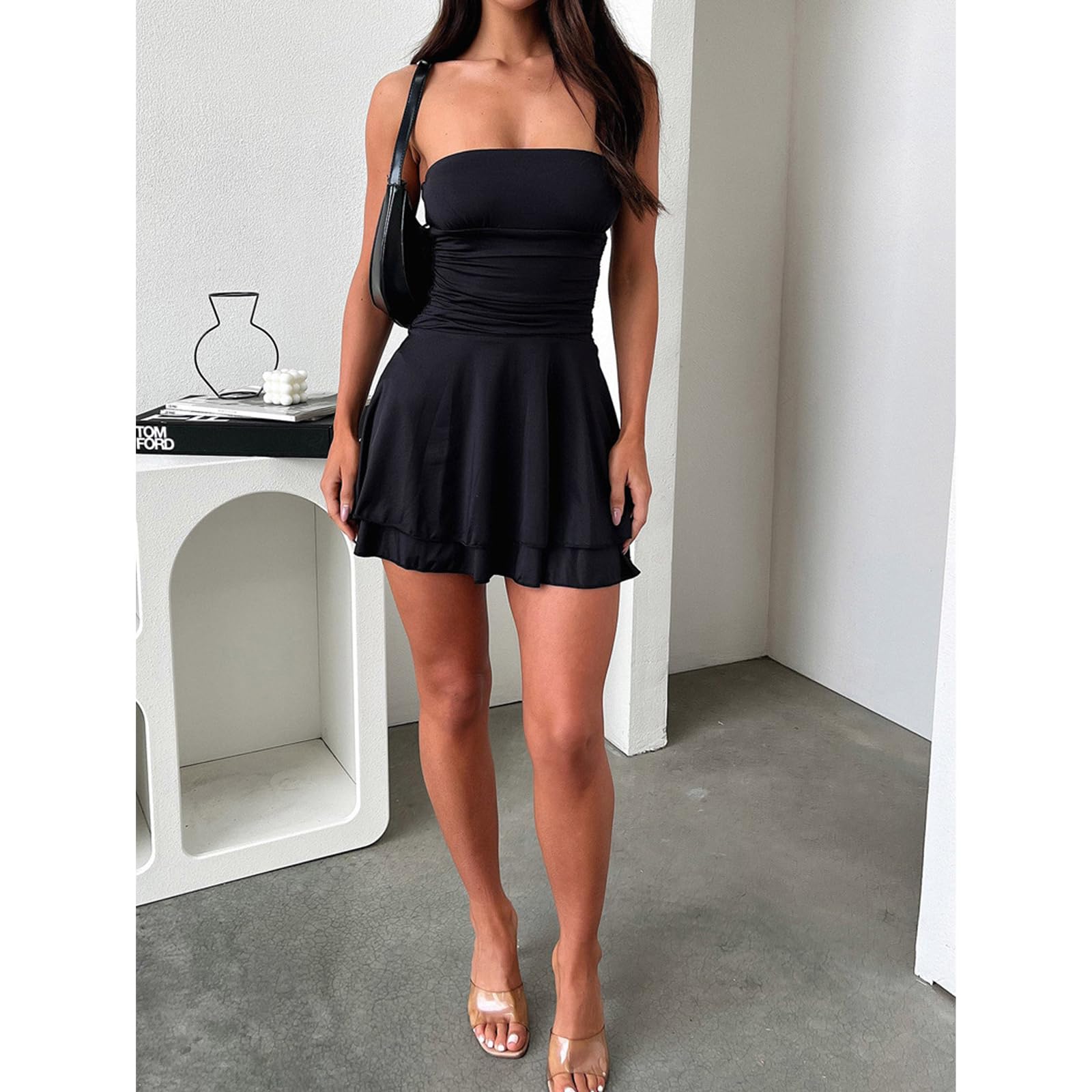 Vestito Sexy Donna Elegante Senza Maniche Mini Abito Senza Schienale e Senza Spalla Abito da Sera Corto Estivo Bodycon Abiti Casual Discoteca Dress Sera Cocktail Party Clubwear