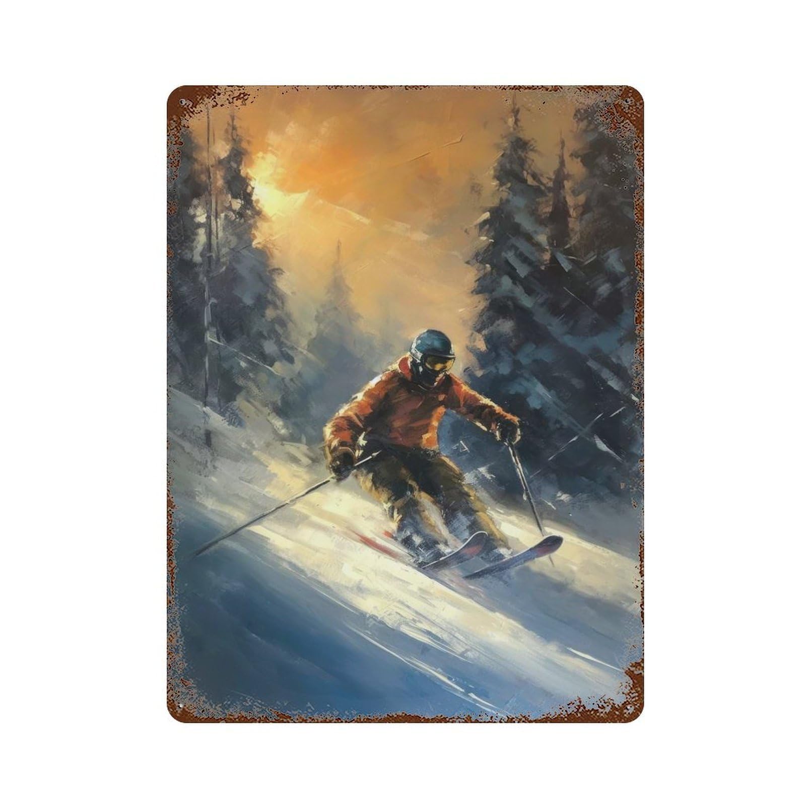 Oil Painting of A Skier 15.7"x11.8" Rustic Tin Plaque, Novelty Wall Decor for Living Room, Hallway And Home Decor