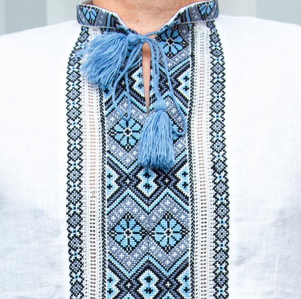 Vyshyvanka Men's Ukrainian Linen Hand Cross-Stitched Embroidery White Blue Gray Embroidery
