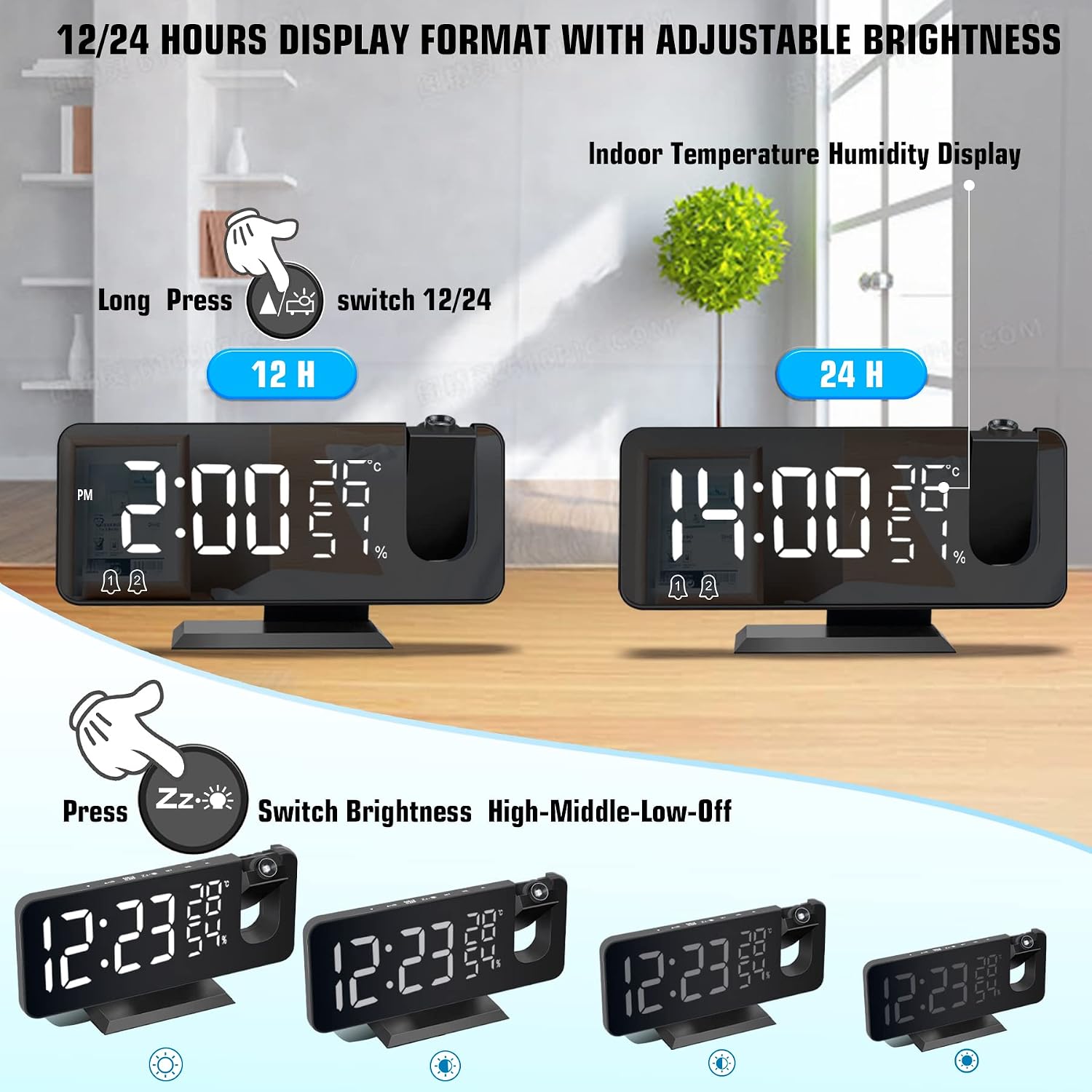ADZERD Projector Alarm Clocks with Projection on Ceiling for Bedroom Heavy Sleepers, Modern Digital Clock with Radio, USB Port, Battery Backup for Kids, White