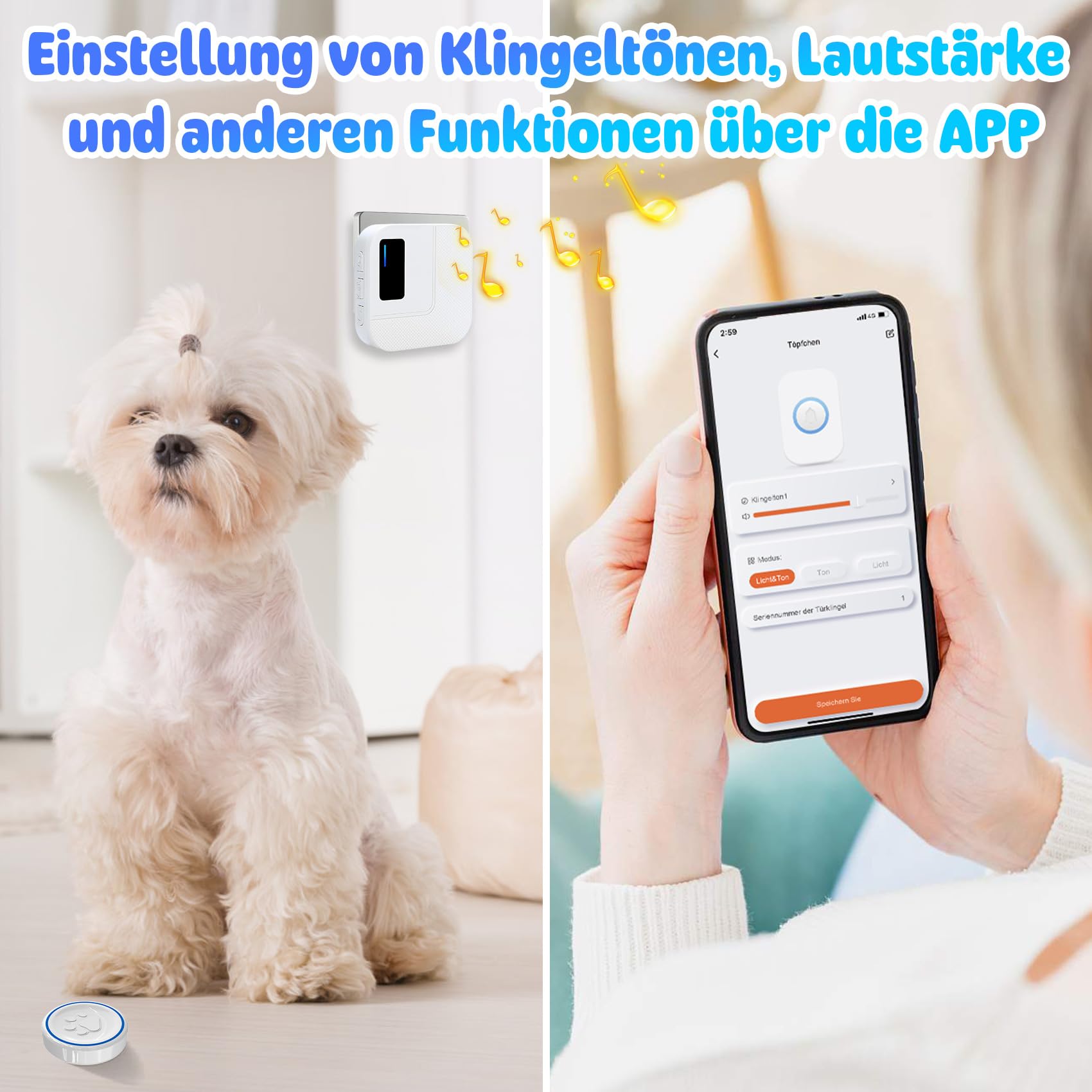 DAYTEE Mobile Türklingel, WiFi Tuya Smart Doorbell, Touch Outdoor Waterproof Doorbell (Weiß 1*Empfänger +2*Sender)