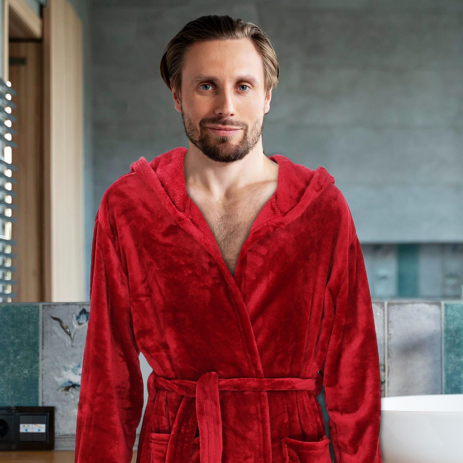 TOYANDONA Albornoz de Baño para Hombre en Color Rojo con Capucha, Tejido de Poliéster Cómodo y Versátil para Ducha y Relajación en Casa