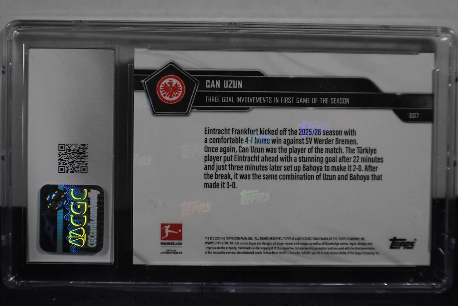 CAN UZUN 2025-26 Topps Now Bundesliga Soccer Card #7 GOLD FOIL PARALLEL #01 of Only 50 Made! CGC Graded Mint 9 FC Eintracht Frankfurt Turkey