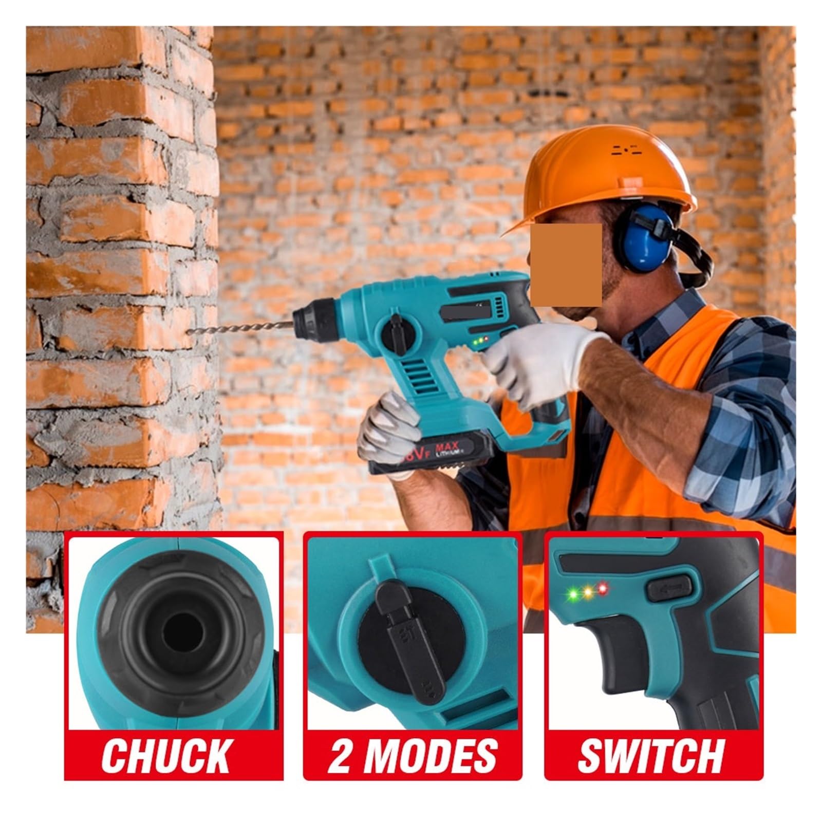 Łamacz betonu, 1000 W 3600 obr./min przenośny akumulatorowy młot udarowy 8600 ipm młot udarowy wiertarka perforacyjna beton elektronarzędzia(1 Battery Plug)