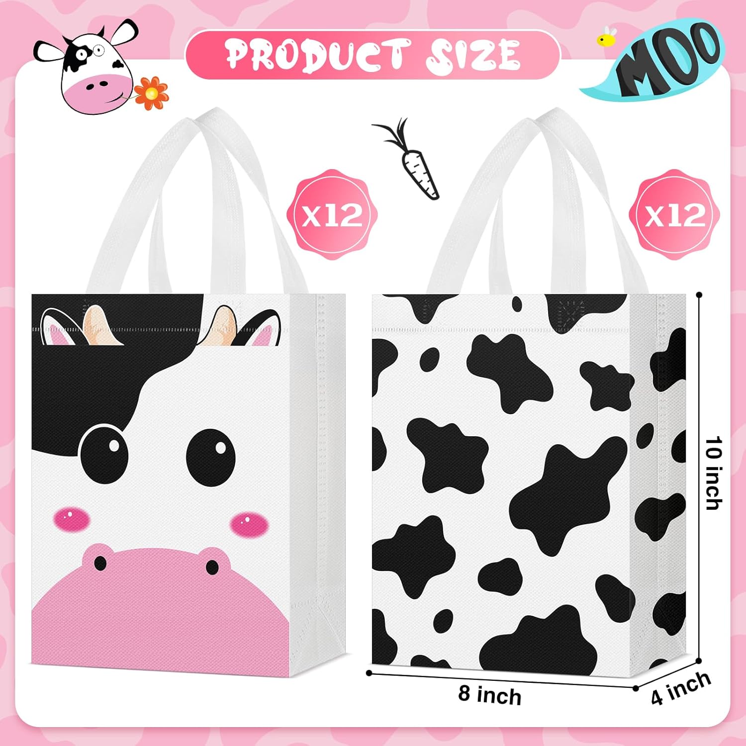 Locmeo 24 Pcs Cow Party Favors Bag Reusable Non Woven Cow Print Gifts Bags with Handles, Farm Themed Goodie Treat Candy Bags for Kids Cow Farm Animals Birthday Party Supplies - Image 3