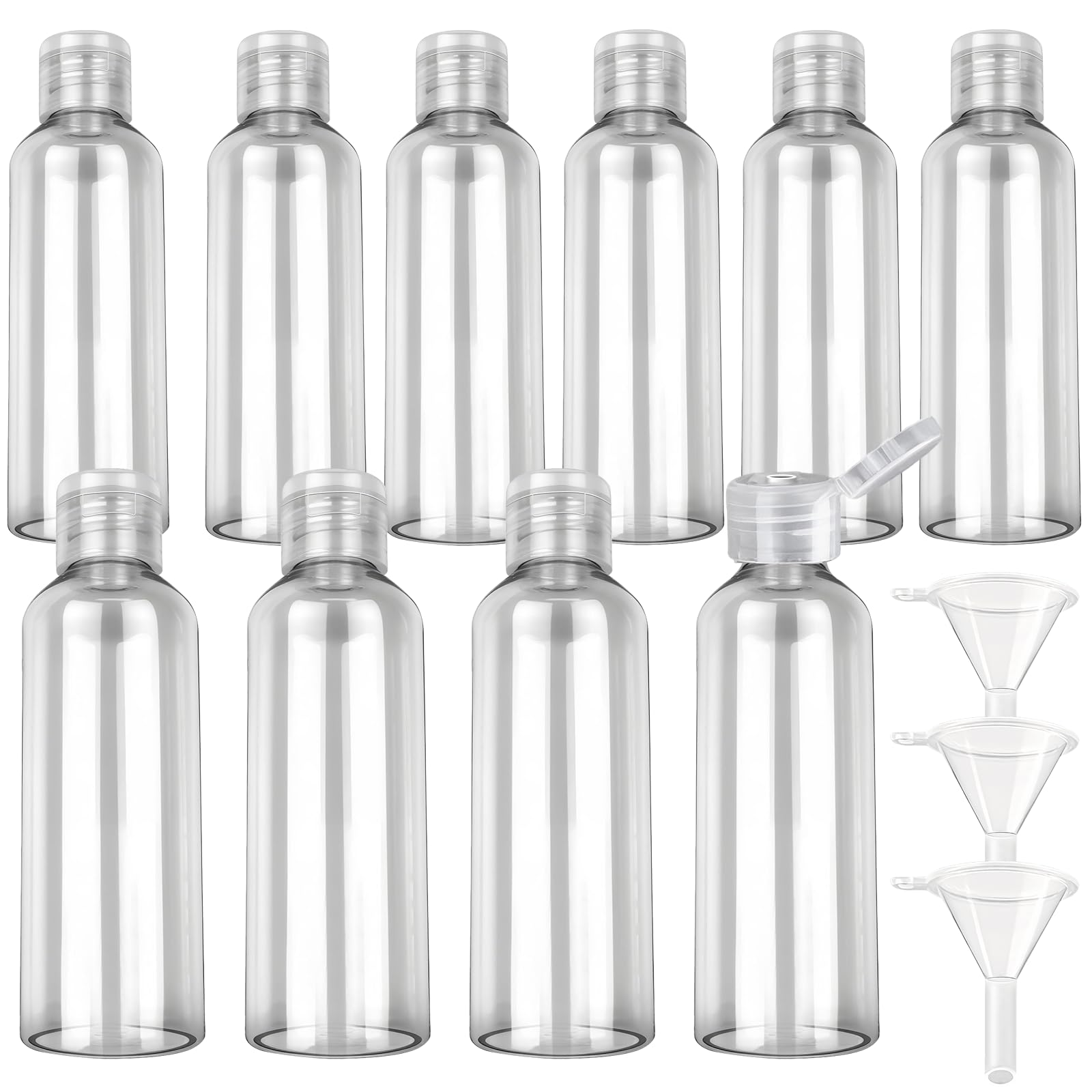 GAOMESIA 10 Pezzi Flaconi da Viaggio 100 ml con 3 Imbuti, Bottiglie Vuote Trasparenti per Cosmetici, Lozioni, Shampoo, Gel Doccia, Contenitori Ricaricabili per Viaggio e Vacanze