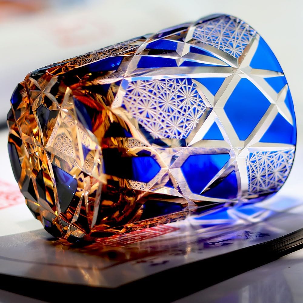 JINZHI Edo Kiriko Old Fashioned Glasses Crystal Whiskey Glasses Cobalt Blue 9 OZ Wine Glass With Gift Box for Whiskey Scotch Bourbon Cocktail And Juice Drink - Image 4