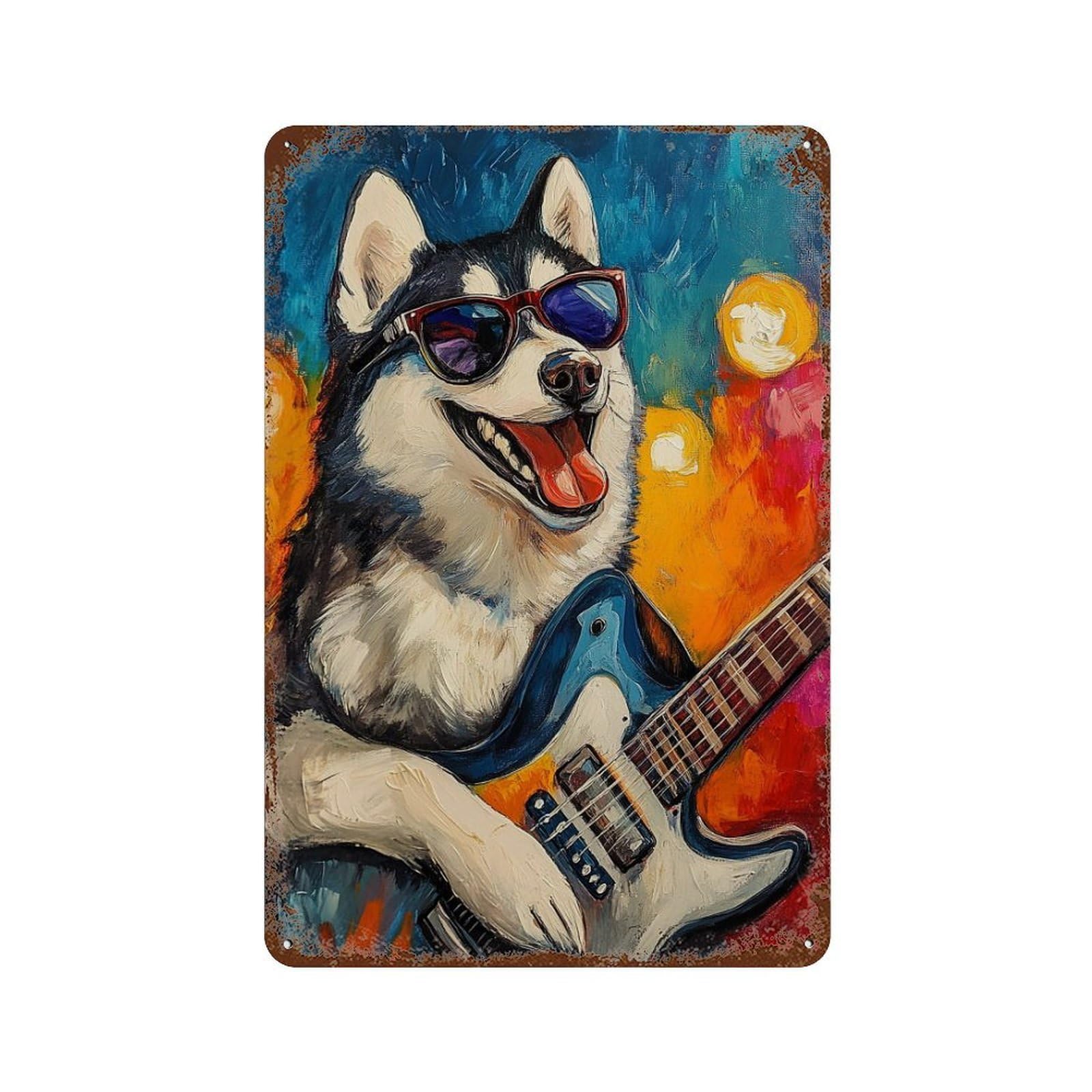 Rust Effect Rockin' Husky Guitar Painting Rustic Tin Plaque 11.8"x7.9", Old School Wall Decor for Shed, Workshop And Garage Wall Decor