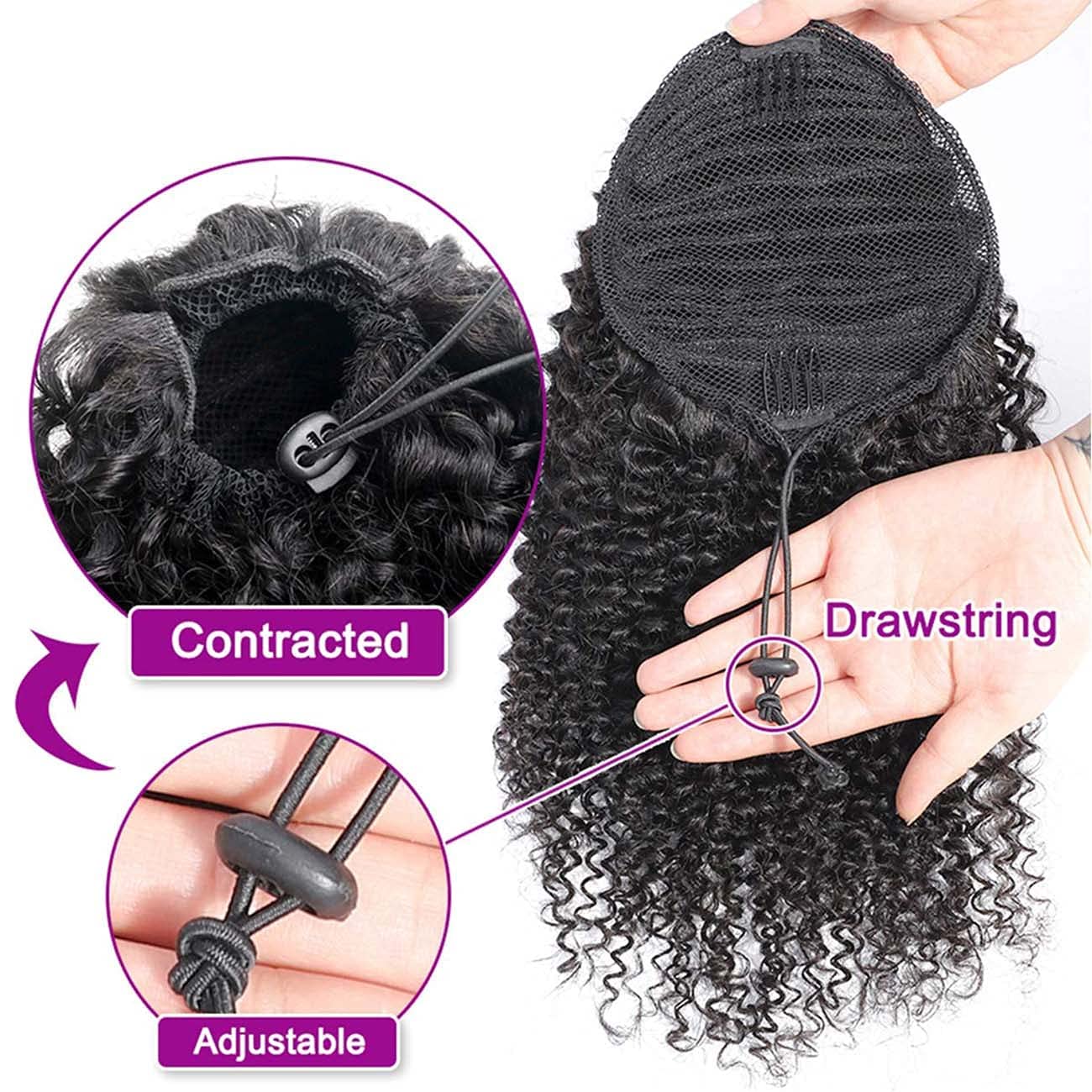Kinky Curly Drawstring Ponytail Human Hair Extensions 14 inch Afro Curly Drawstring Ponytail Extension for Black Women Remy 10A Grade Brazilian Clip In Pony Tail Hairpiece 120g (14 Inch,Natural Color)