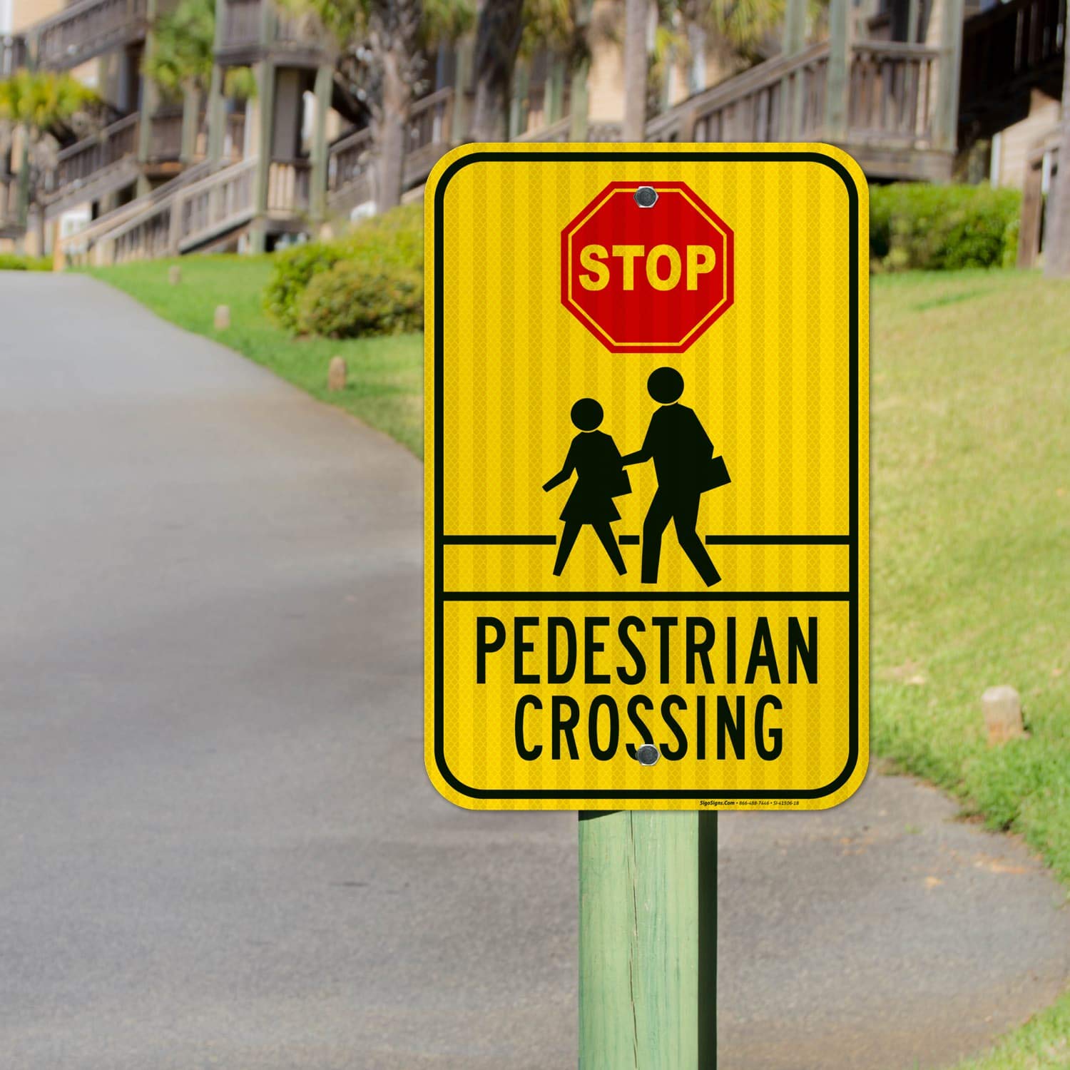 Stop Pedestrian Crossing Sign, 12x18 Inches, 3M EGP Reflective .063 Aluminum, Fade Resistant, Easy Mounting, Indoor/Outdoor Use, Made in USA
