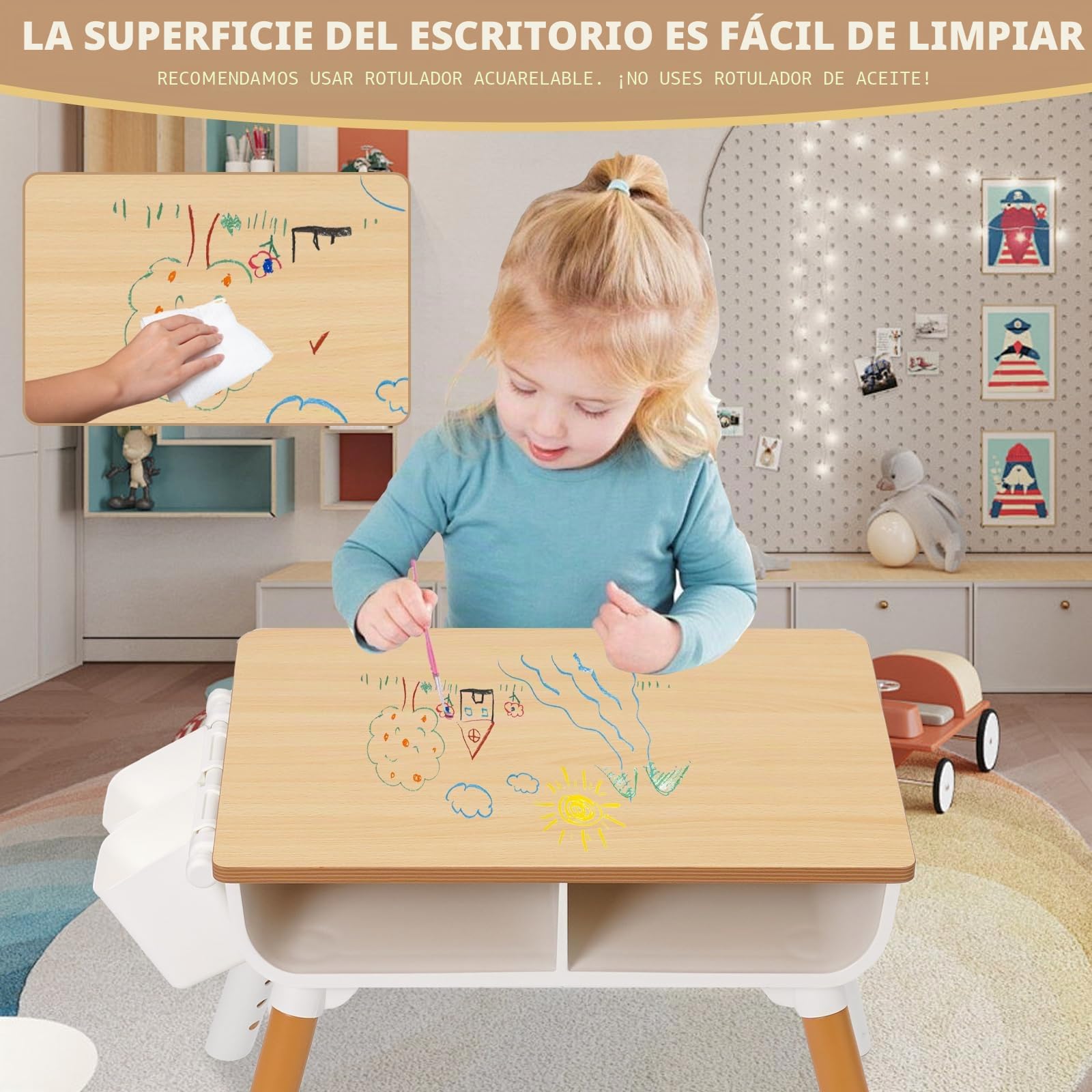 Mesa infantil con 2 sillas, altura regulable, grupo de asientos infantiles para guardería, escritorio para niños con espacio de almacenamiento y silla infantil, juego de sillas para niños