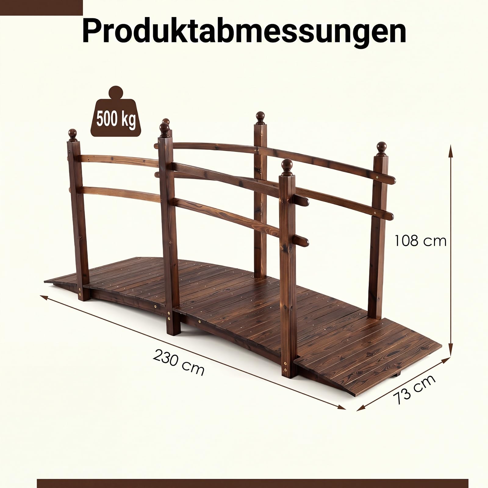COSTWAY Most do stawu, most ogrodowy, brązowy (230 x 73 x 108 cm) | Drewniany most z poręczami, most ozdobny do 500 kg, z litego drewna jodłowego, dekoracyjny most do ogrodu, stawu, na zewnątrz
