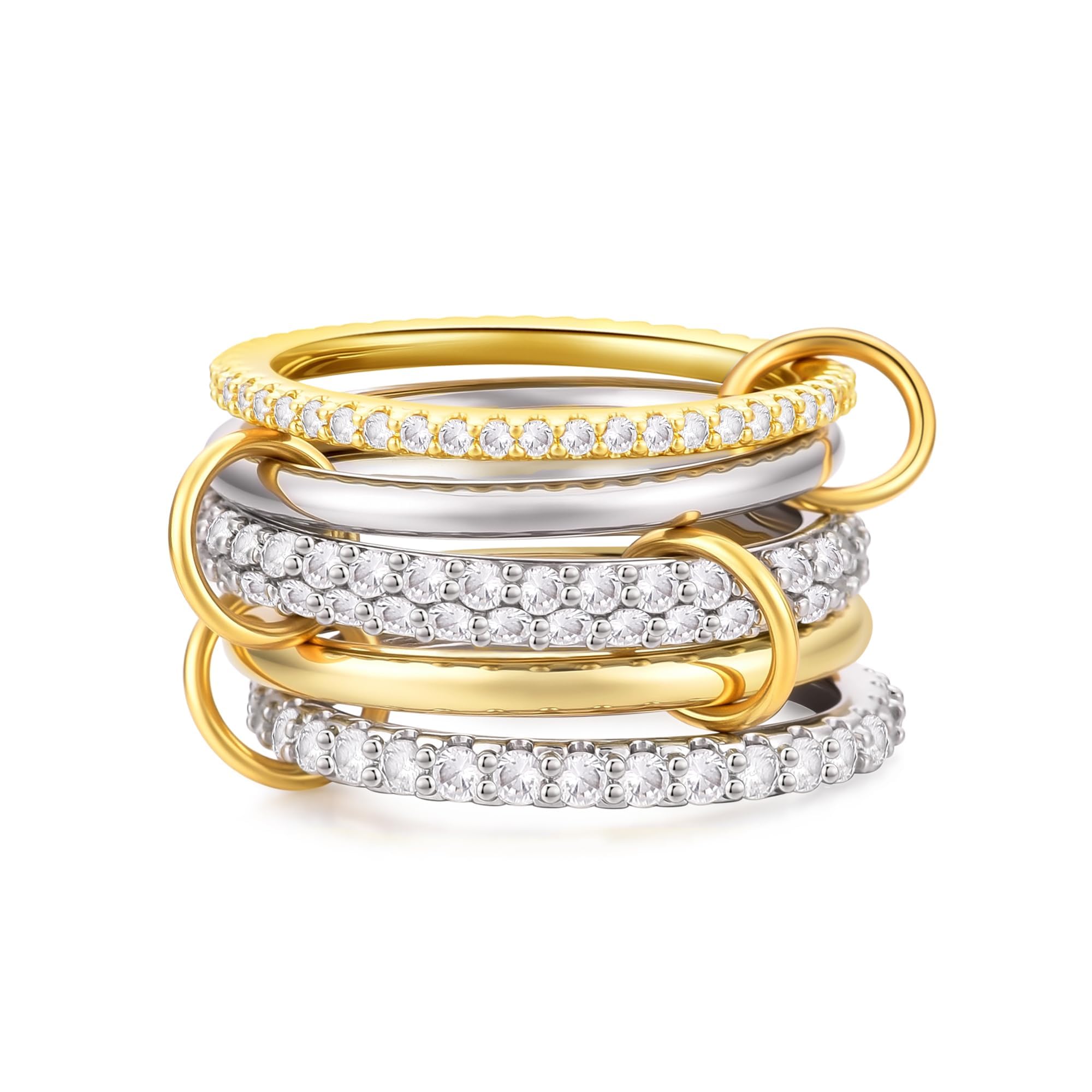 Canboer 14K Gold Plated Interlocked Stackable Rings for Women Non Tarnish,Gold and Silver Cubic Zirconia Statement Rings Set,Mixed Metals Ring