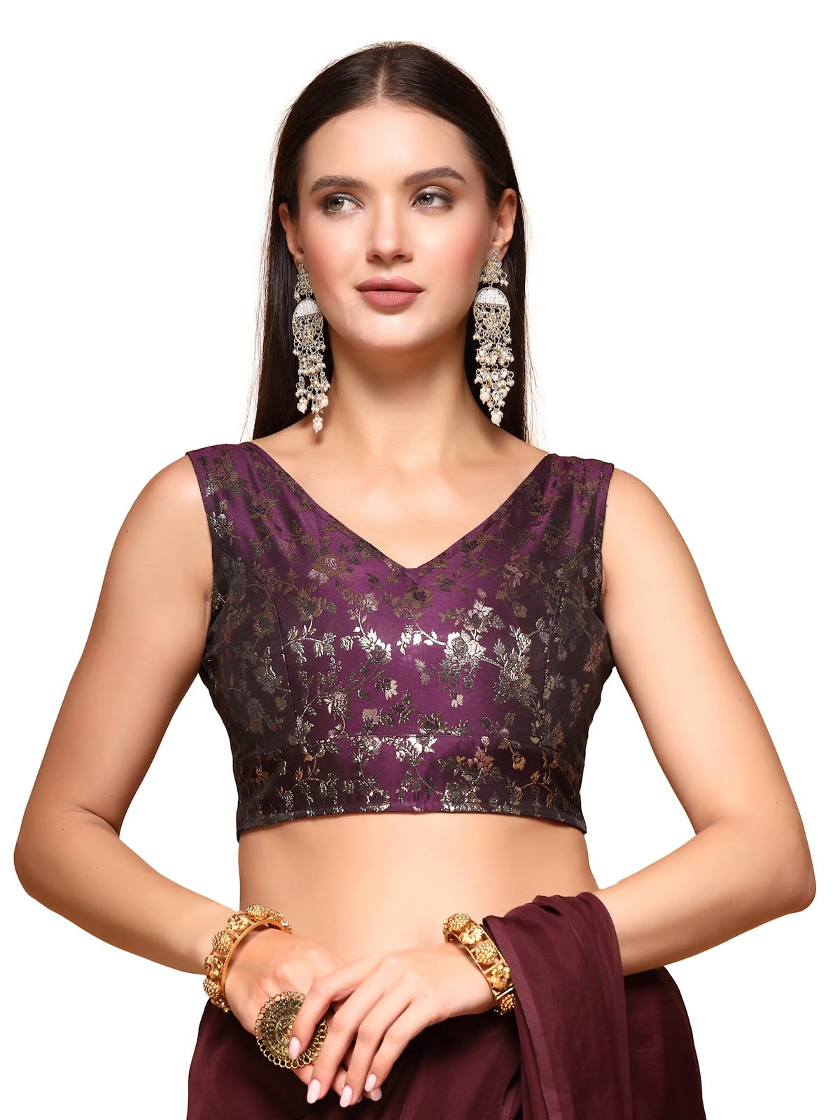 oomph! Ethnic Style Readymade Brocade Sleeveless V-Neck Blouse for Saree & Gowns-picture-13