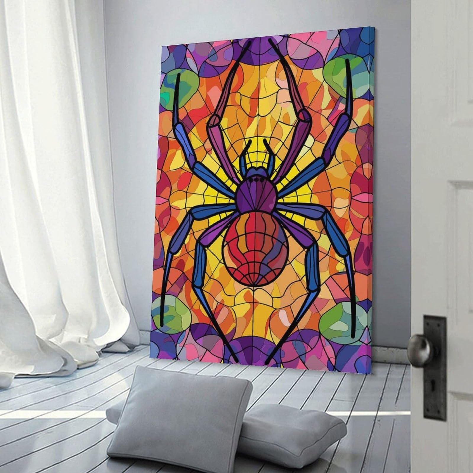 Junmoney Stained Glass Spider Web Canvas Art Print 20x30inch(50x75cm), for Feature Walls in Flats Or Modern Rooms, Ideal for Building A Coordinated Art Wall