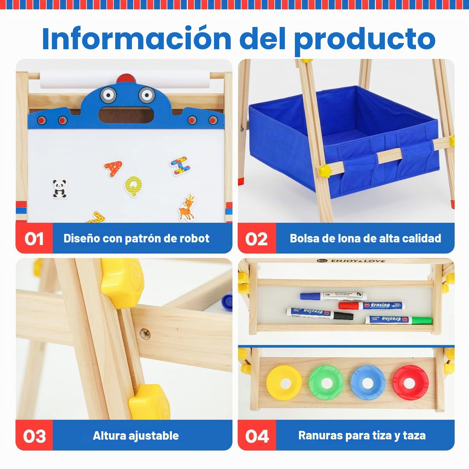 Caballete Pintura niños, tablero de Dibujo de Doble Cara de Madera, Caballete de Arte de Altura Ajustable con Números, Pergaminos y Otros Accesorios, adecuado para niños 2-15 años (Robot)