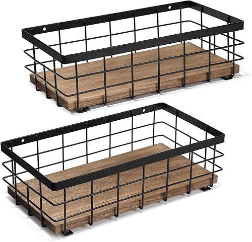 TJ.MOREE Paquete de 2 cestas pequeñas de alambre de metal, organizador decorativo de base de madera para baño, cocina, cesta para almacenamiento de