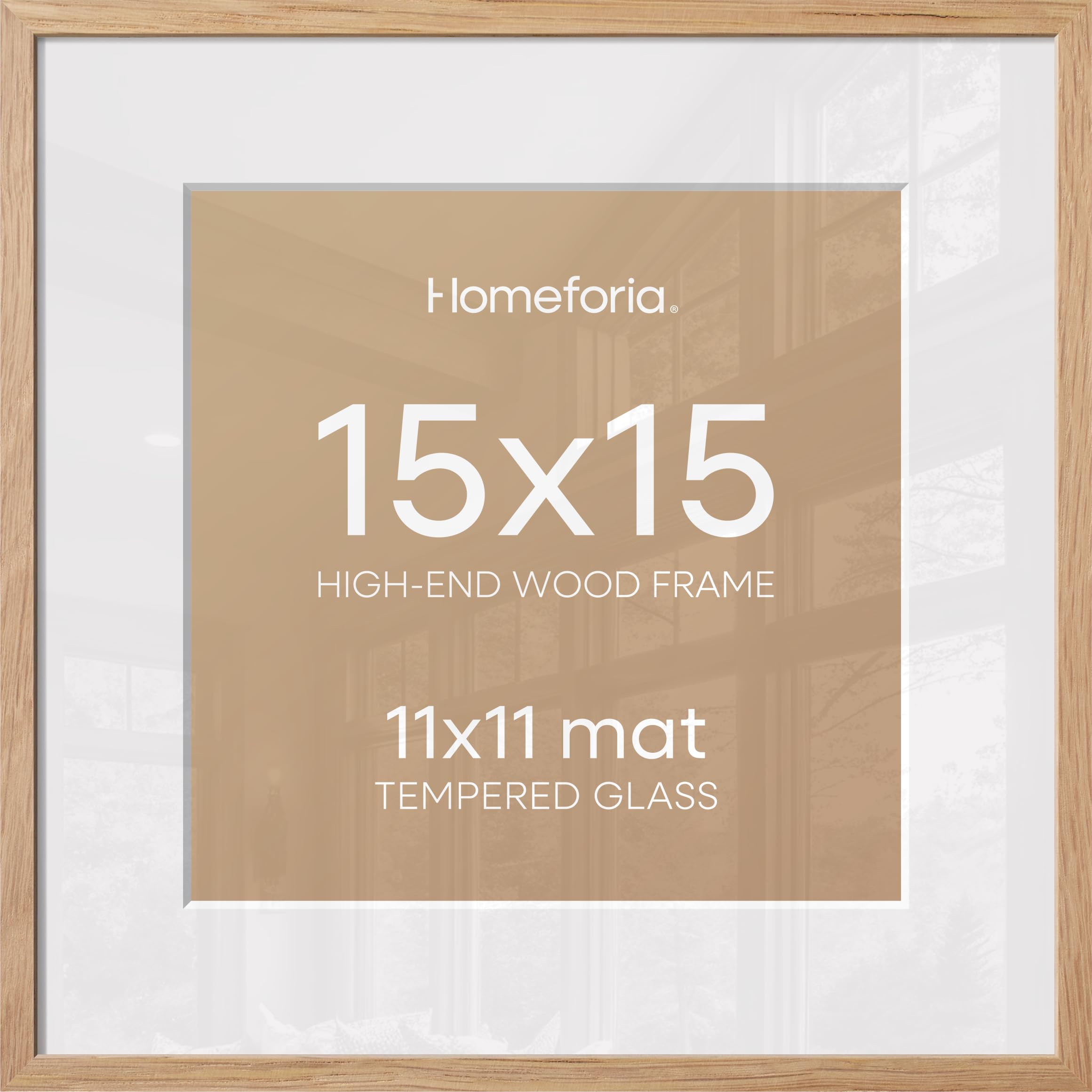 Homeforia 15x15 Natural Oak Picture Frame, High-End Wood, 11x11 Mat, Glass | High End Solid Oak Wood, Tempered Glass, Acid-Free 11x11 Removable Mat, 15x15 Edge-to-Edge Display 15x15, Wall Kit, Set Of 2