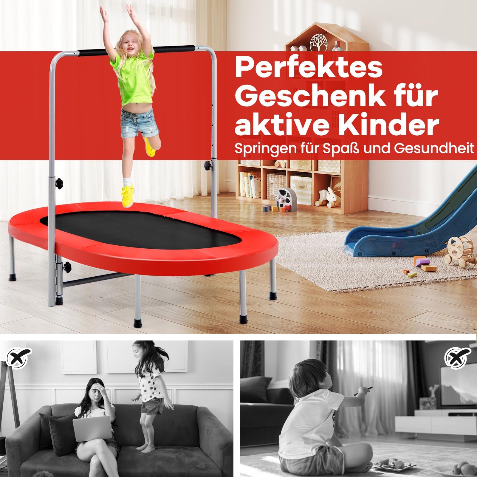 COSTWAY 2 Personen Trampolin, Mini Trampolin mit höhenverstellbarm Haltegriff, bis 150kg belastbar, Kindertrampolin klappbar, Gartentrampolin für Kinder, Erwachsene