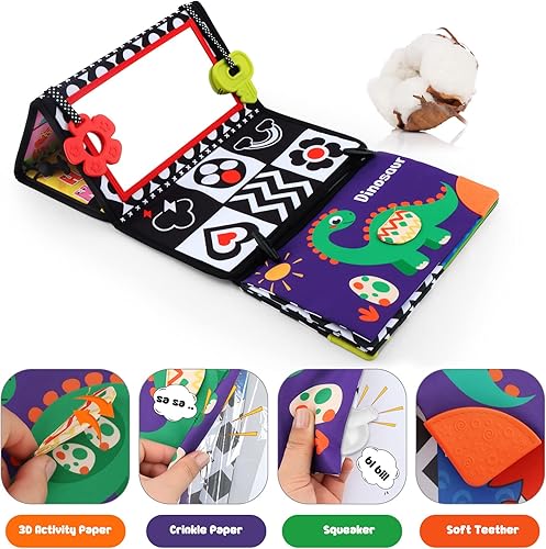 Miniatura 4 de Espejo de suelo con libro de tela arrugada y mordedores, espejo de bebé de doble cara en blanco y negro, juguetes de bebé de alto contraste,