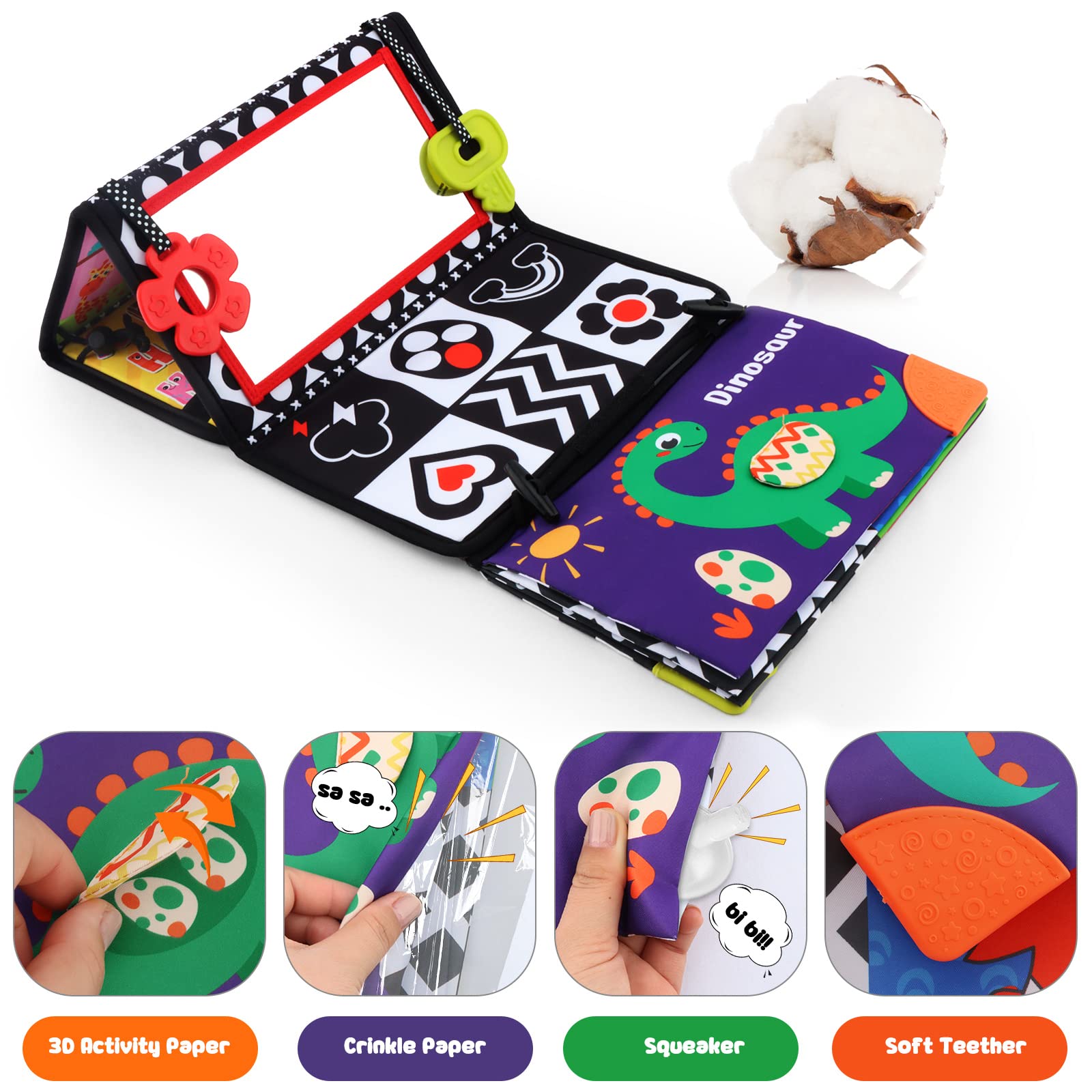 Kumprohu Tummy Time Floor Mirror - Crinkle Cloth Book with Teethers Black  and White Sensory Toys for