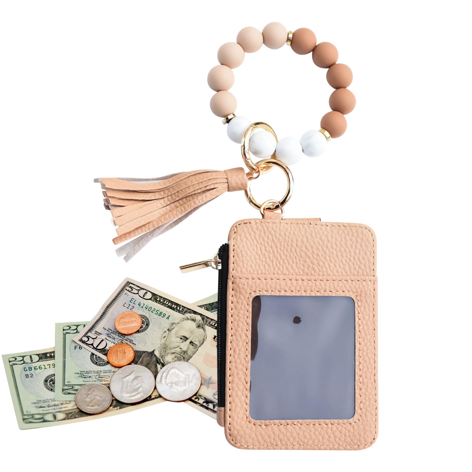 Generisch Key Ring Bracelet - Beaded Key Wallet, Mini with Bracelet, with Key Ring, Card Holder for Women, Party Shopping, Holiday, Date, Travel, khaki, Siehe Beschreibung