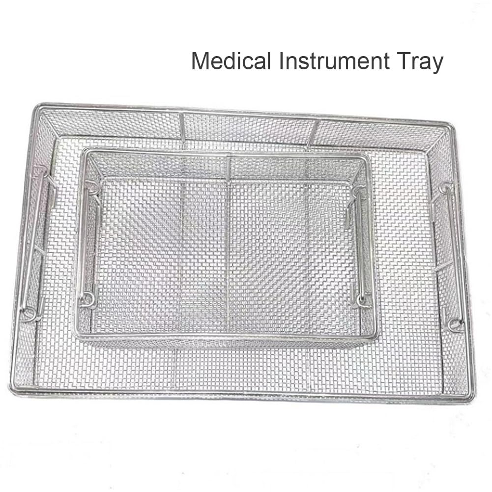 Cesta de esterilización de acero inoxidable, bandeja de instrumentos reutilizable con mango retráctil, ideal para instrumentos médicos, 40 x 20 x 7 cm
