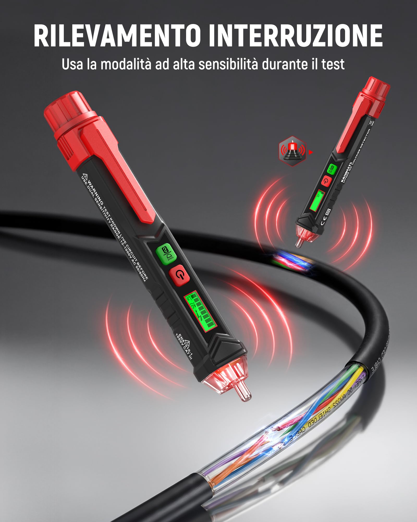 Tester di Tensione Senza Contatto, KAIWEETS Cercafase, Rilevatore di Tensione a Doppia Sensibilità 12V/48V-1000V, Display LCD, Test Filo Fase/Neutro, Torcia, Allarme Acustico