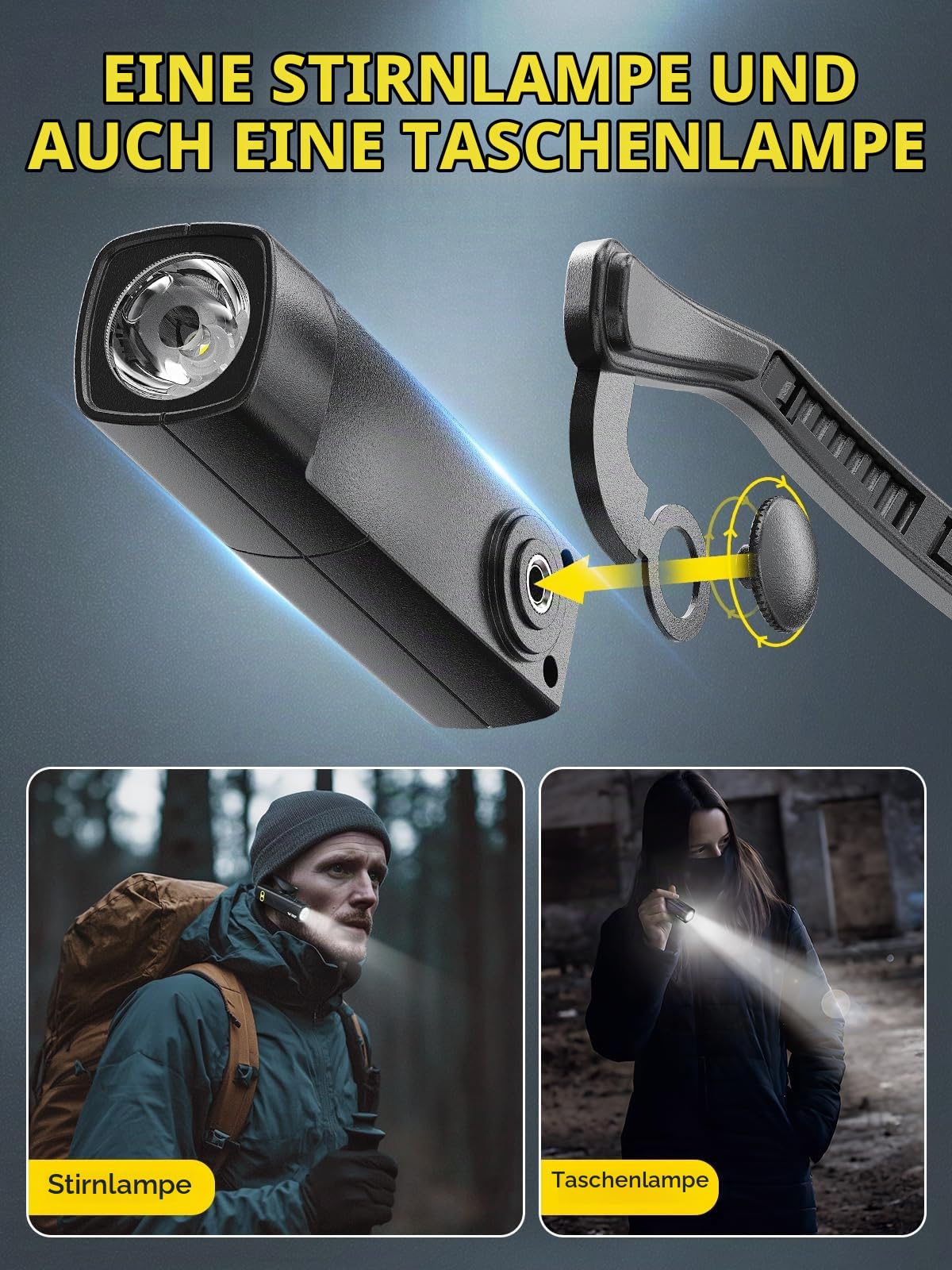 Smiling Shark Stirnlampe Wiederaufladbar, 2025 Neue Ohr-mounted LED Kopflampe 1000 Lumen Mit Motion Sensor & 5 Modi in Weiß und Rot Licht Stirnband Taschenlampe für Erwachsene Camping Wandern Laufen