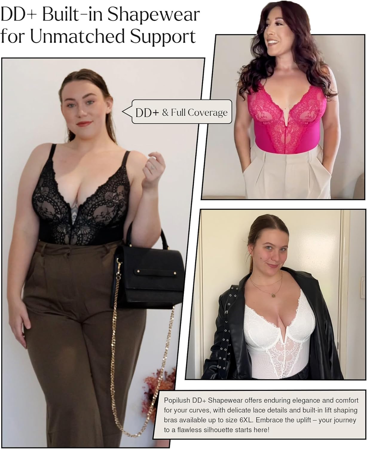 Popilush Plus Size Lace Bodysuit Tummy Control Corset Tops for Large Bust V Neck Backless Body Shaper Thongs - Image 2