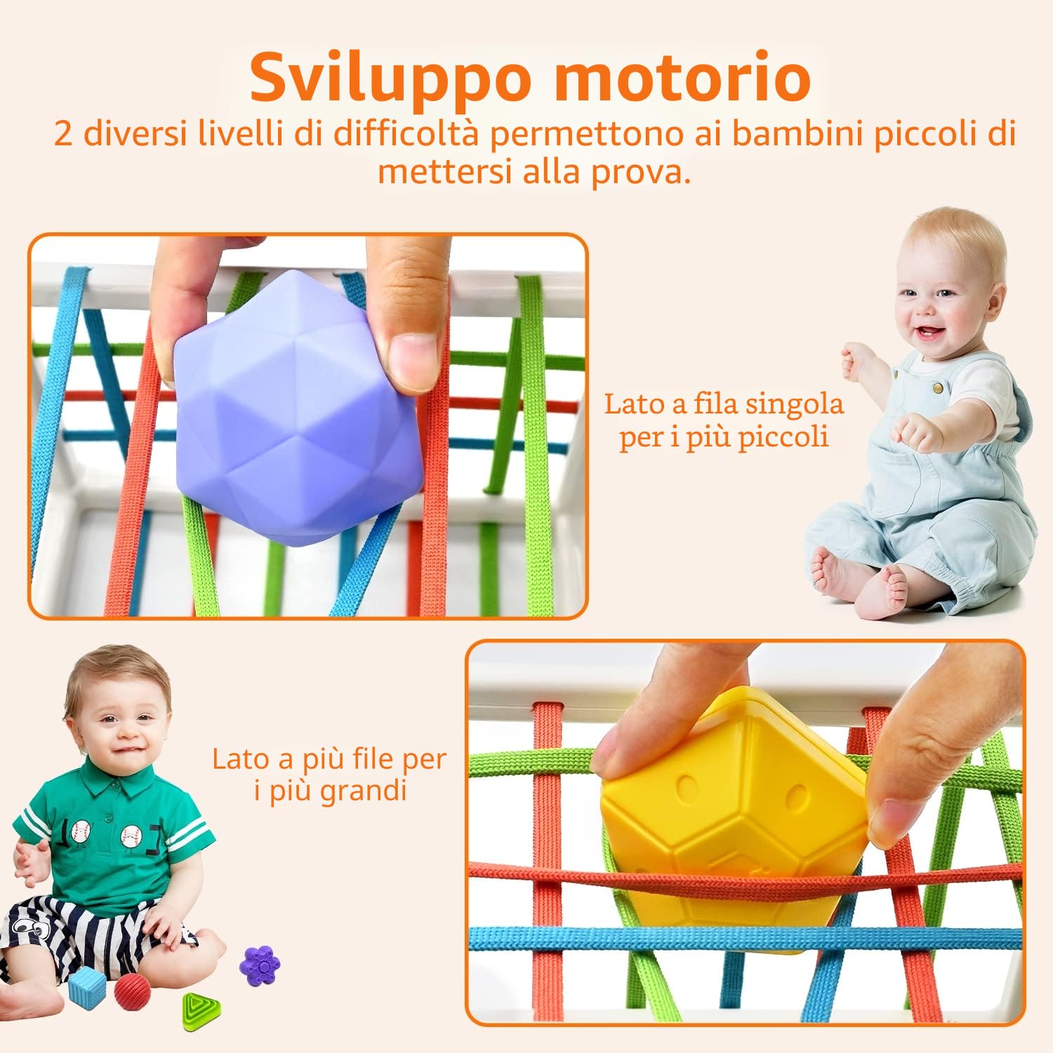 Giocattolo per Selezionare le Forme per 12 18 24 Mesi Bambino, Casella di Smistamento Sensoriale con Elastici Montessori Educativi Precoci Giocattoli con 3 Palle Sensoriali 6 Pezzi Struttura Palle
