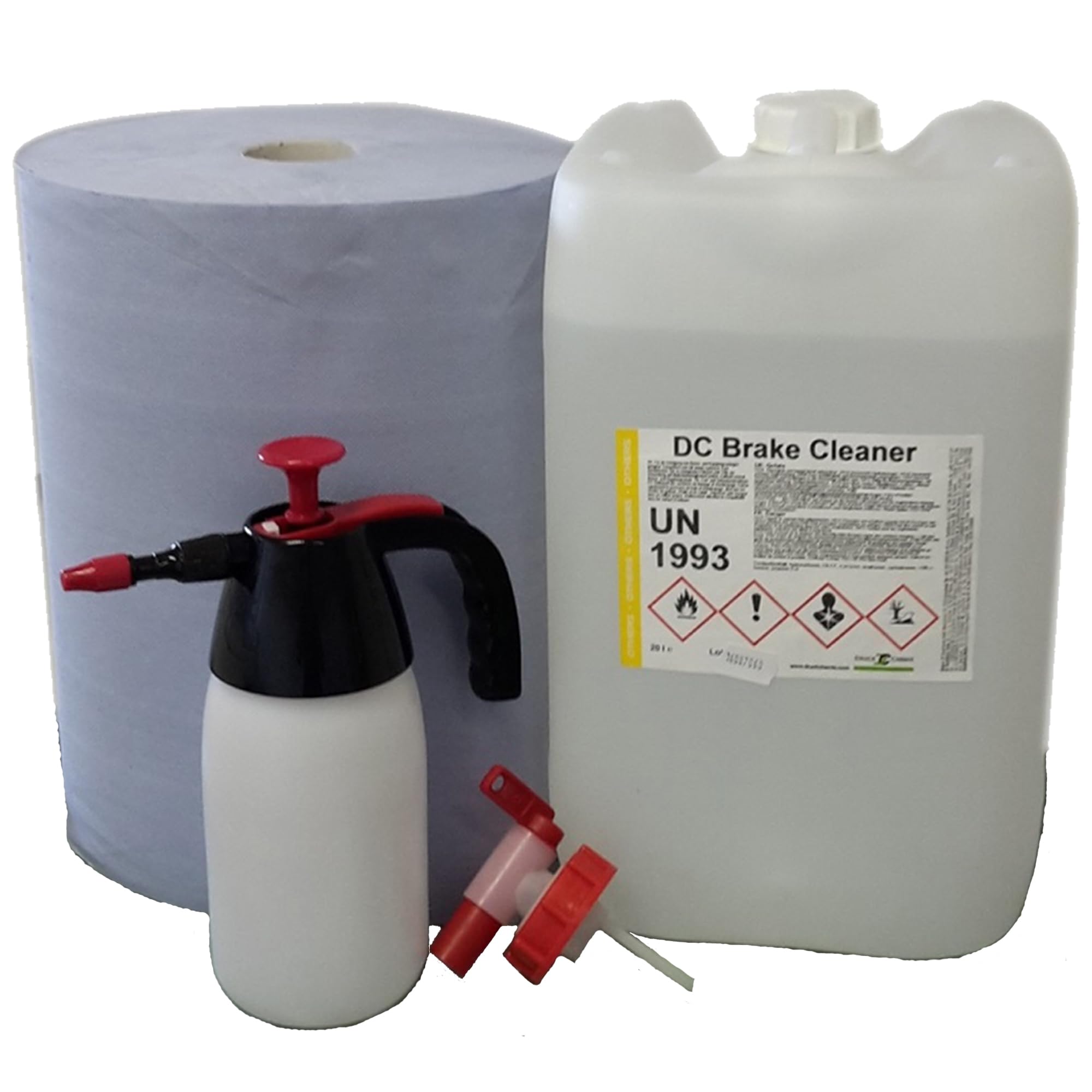 DC DruckChemie GmbH Bremsenreiniger Kanister 10L, acetonfrei + Auslaufhahn, Putzpapierrolle & Drucksprüher | Brake Cleaner - Teilereiniger zum Reinigen & Entfetten von Bremsen, Platten & Kupplungen