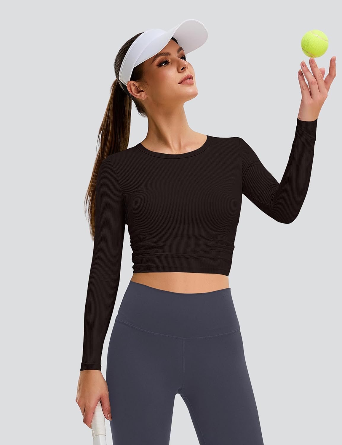 BMJL Women's Ribbed Long Sleeve Crop Tops Side Shirring Fitted Soft Stretchy Workout Shirt - Image 2