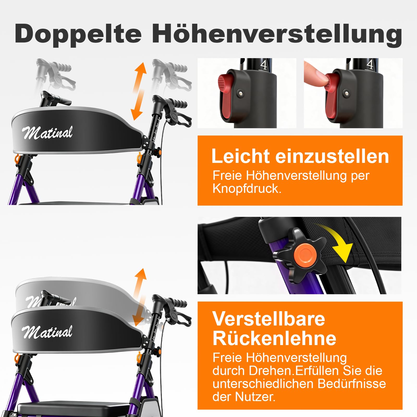 Andadores ligeros y plegables con asiento para personas mayores, capacidad de carga de 158 kg, ruedas de 20 cm, asiento grande de 45 cm, 6 posiciones de altura, marco de aluminio ultraligero