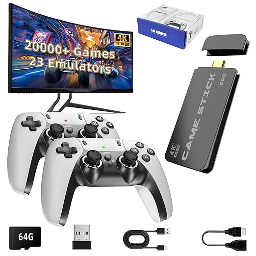 2025 Upgrades Retro Game Console Stick Pro, Nostalgia Gaming Stick, Over 20,000 Games and 23 Emulators, Upgraded Dual 2.4G Wireless Controllers, Plug & Play TV Video Gaming Stick with 64GB Memory
