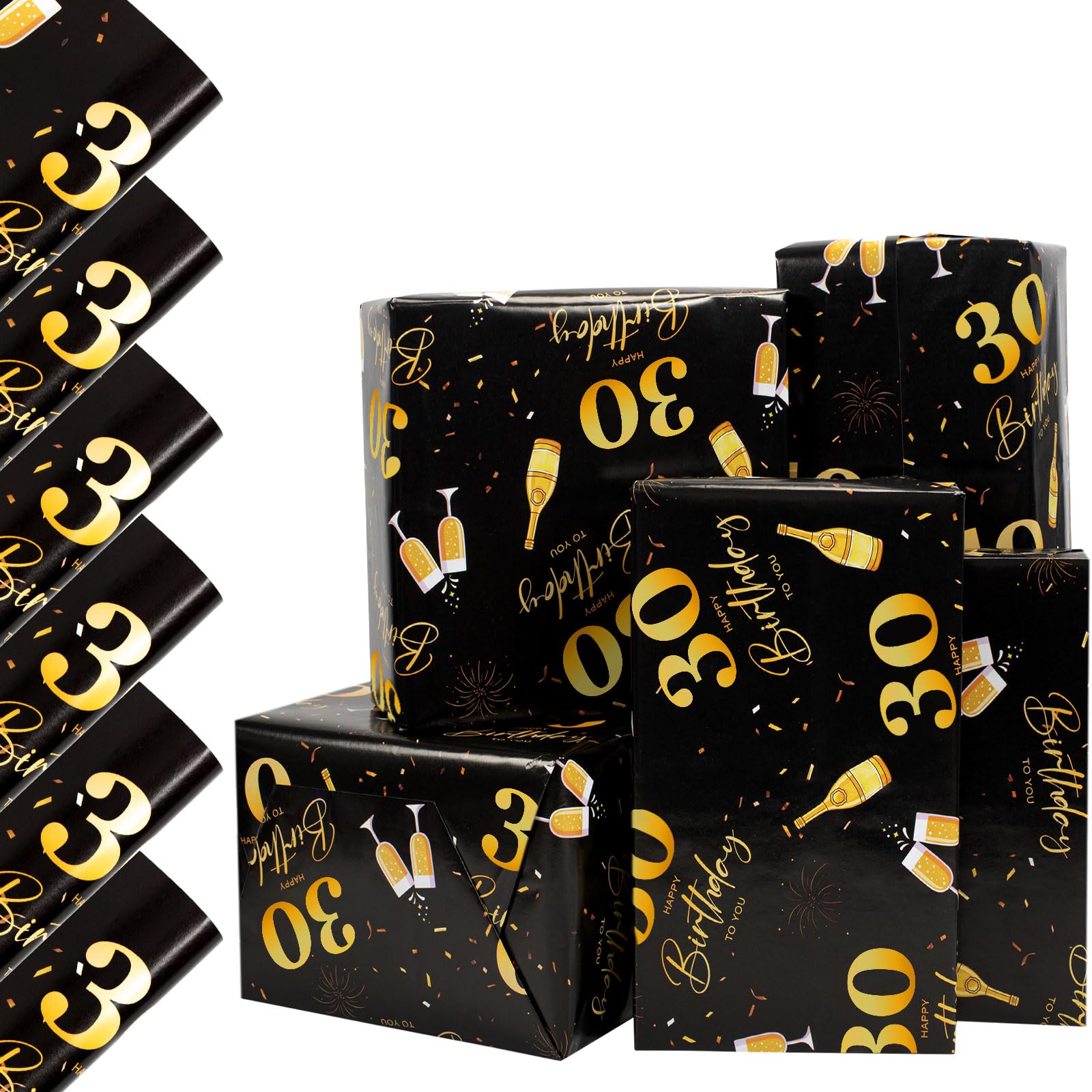 Vinuwu 6 Sheets 30th Birthday Wrapping Paper, 70x50cm Black & Gold Celebration Happy Birthday Gift Wrap Paper for Women Ladies Female Men, Decorations Recyclable - 30th