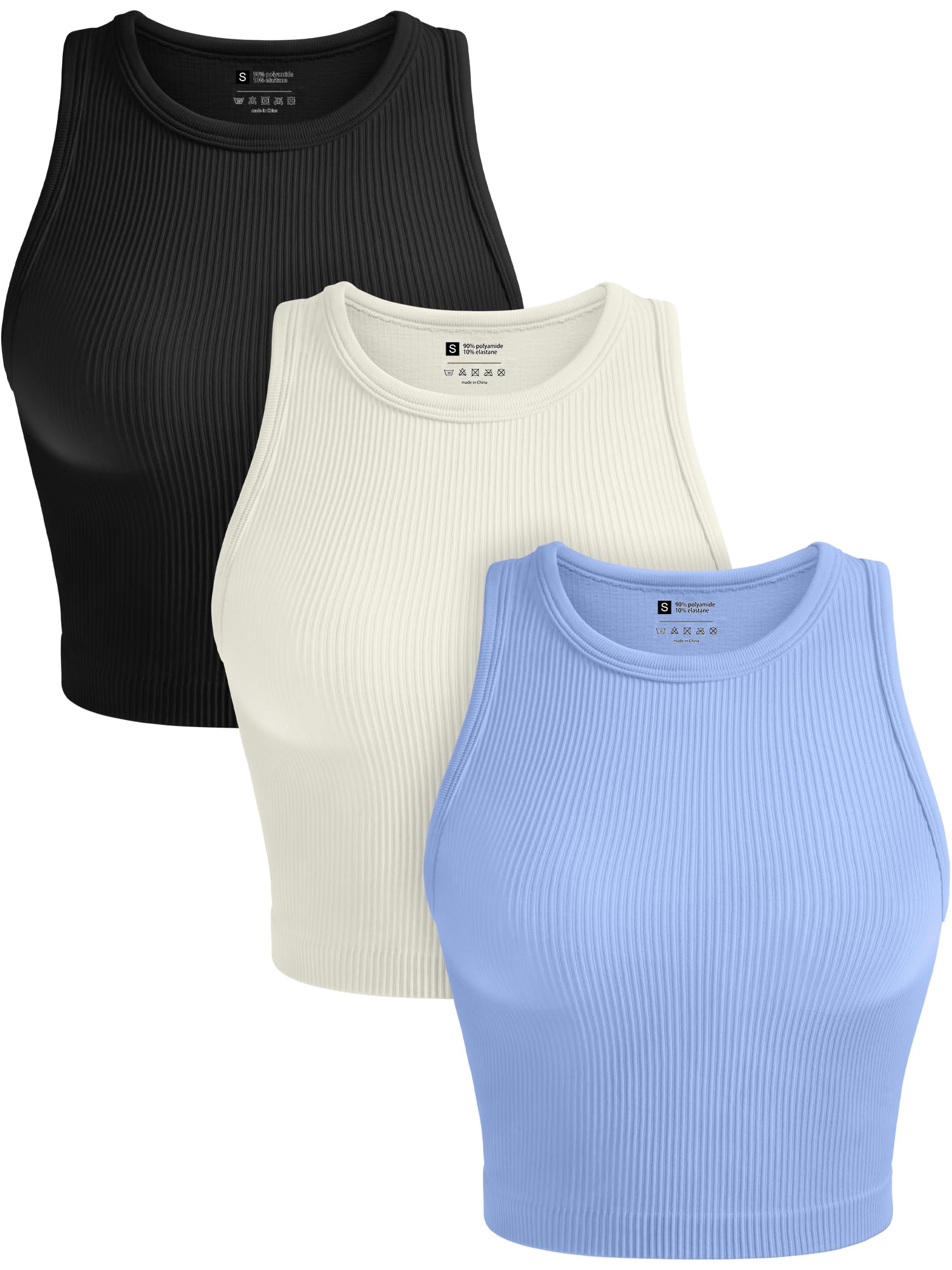 OLCHEE Womens 3 Pack Crop Tank Tops Basic Seamless Ribbed Round High Neck Racerback Workout Top Summer Causal