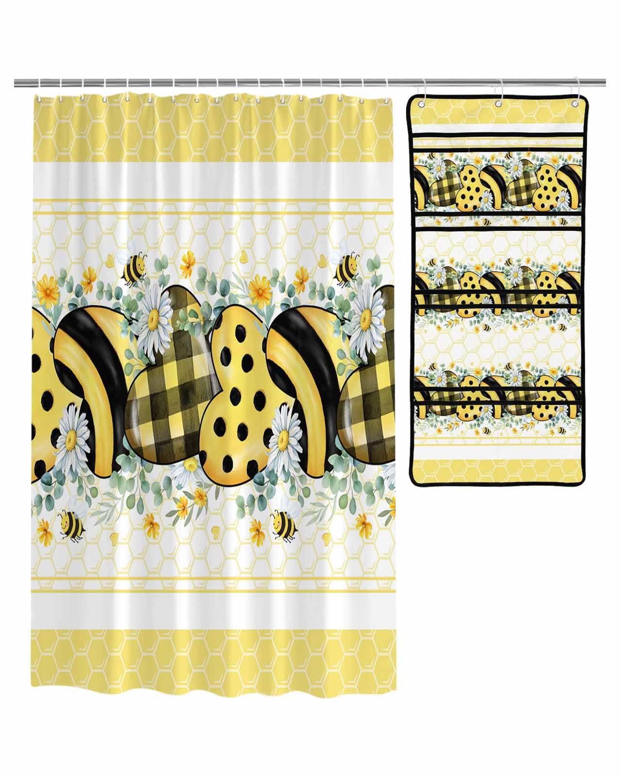 Decorative Shower Curtain Sets Yellow Bee Polyester Fabric Waterproof Shower Curtains Summer Watercolor Eucalyptus Leaves Stripe Mesh Shower