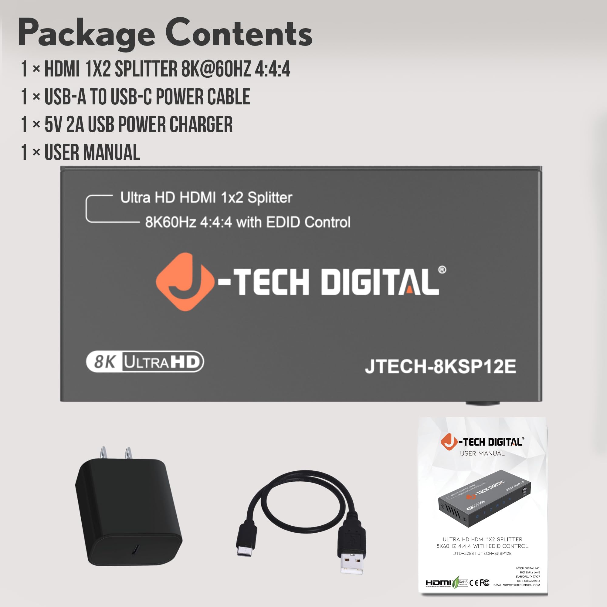 J-Tech Digital Splitter HDMI 2.1 8K 1 in 2 Out, HDMI 1x2 Splitter 8K @60Hz 4K @120Hz 1080P@240Hz, schermo duplicato/mirroring, 3 modalità EDID con downscaling [JTECH-8KSP12E]
