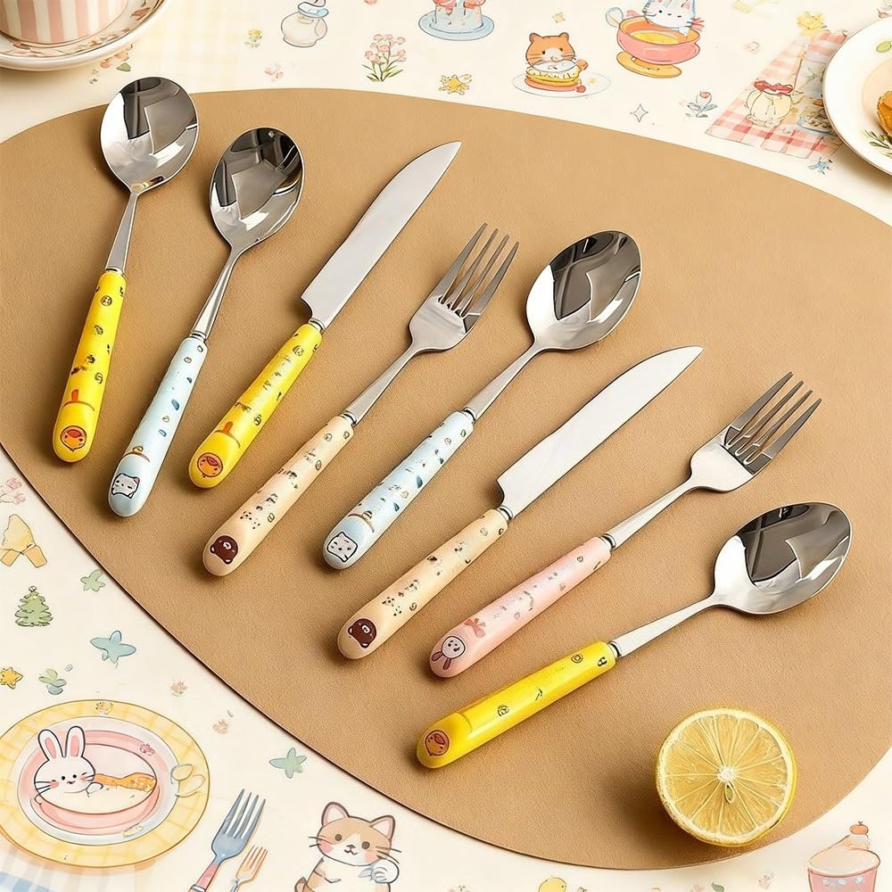 Carino Cartone Animato Ceramica Manico Cucina Acciaio Inox Argenteria Stoviglie Posate Set Bistecca Coltello Forchetta Cucchiaio Cucchiaino