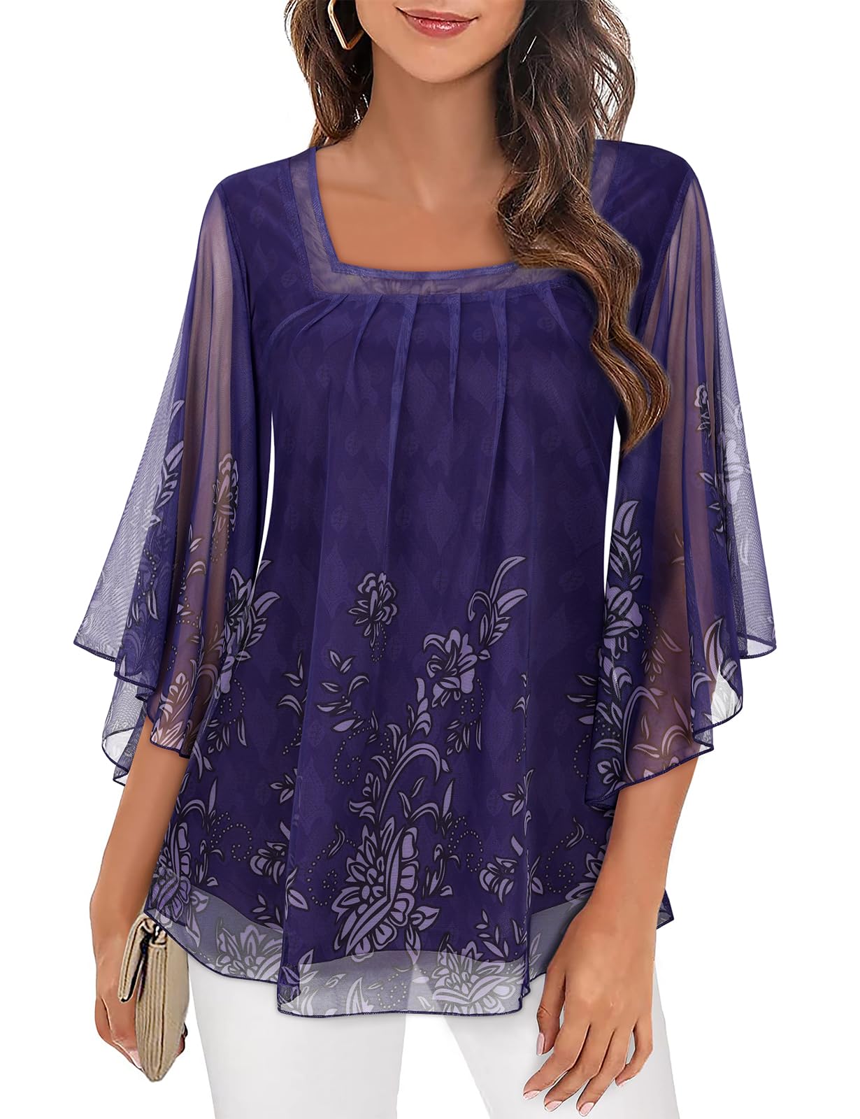 Misyula Womens Square Neck Ruffle 3/4 Sleeve Tunic Tops Double Layers Elastic Mesh Casual Flowy Floral Blouses M-3XL