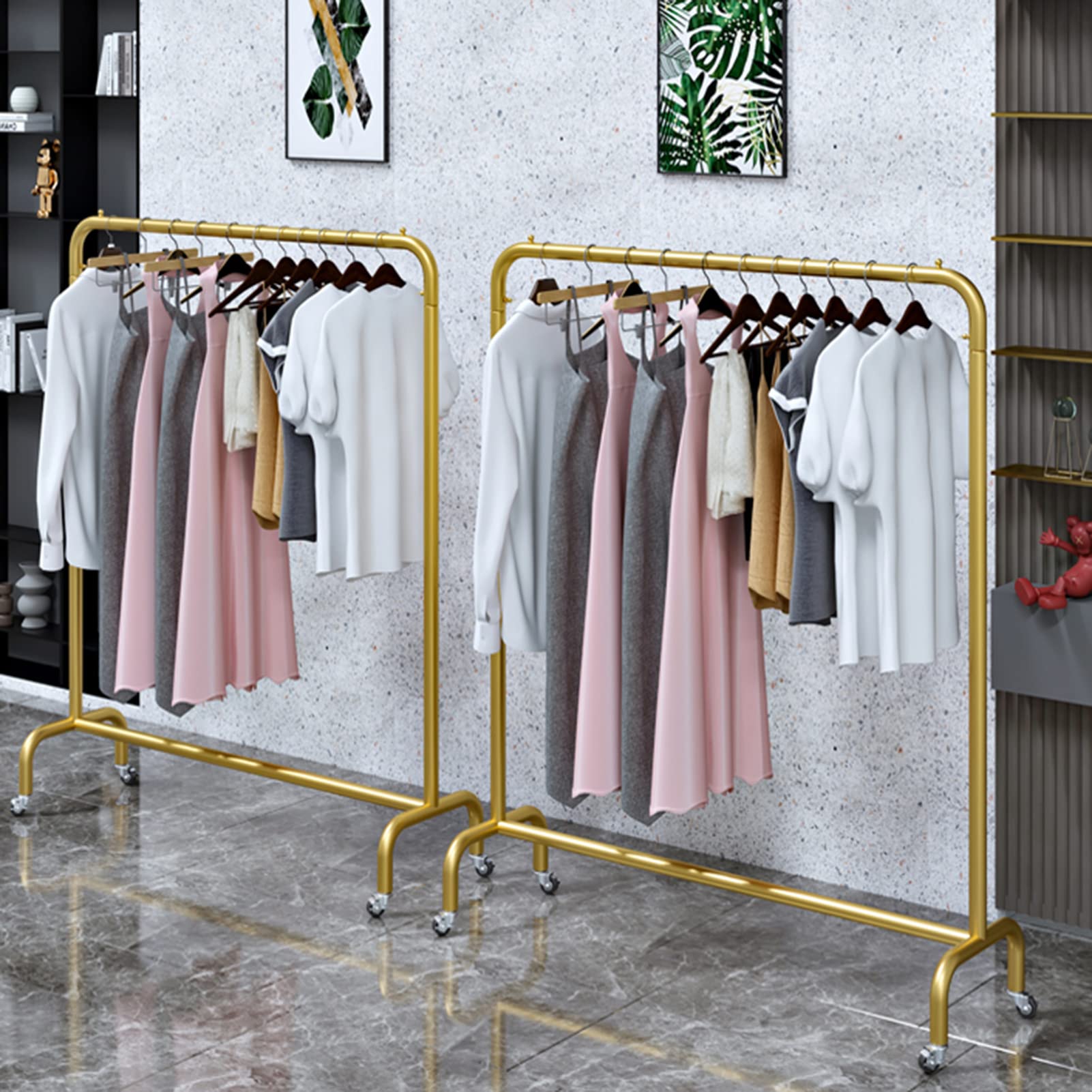 Rolling Coat Rack With Shelf & Wheels - Gold Garment Rack For Bedroom Or Store (150x40x155cm)