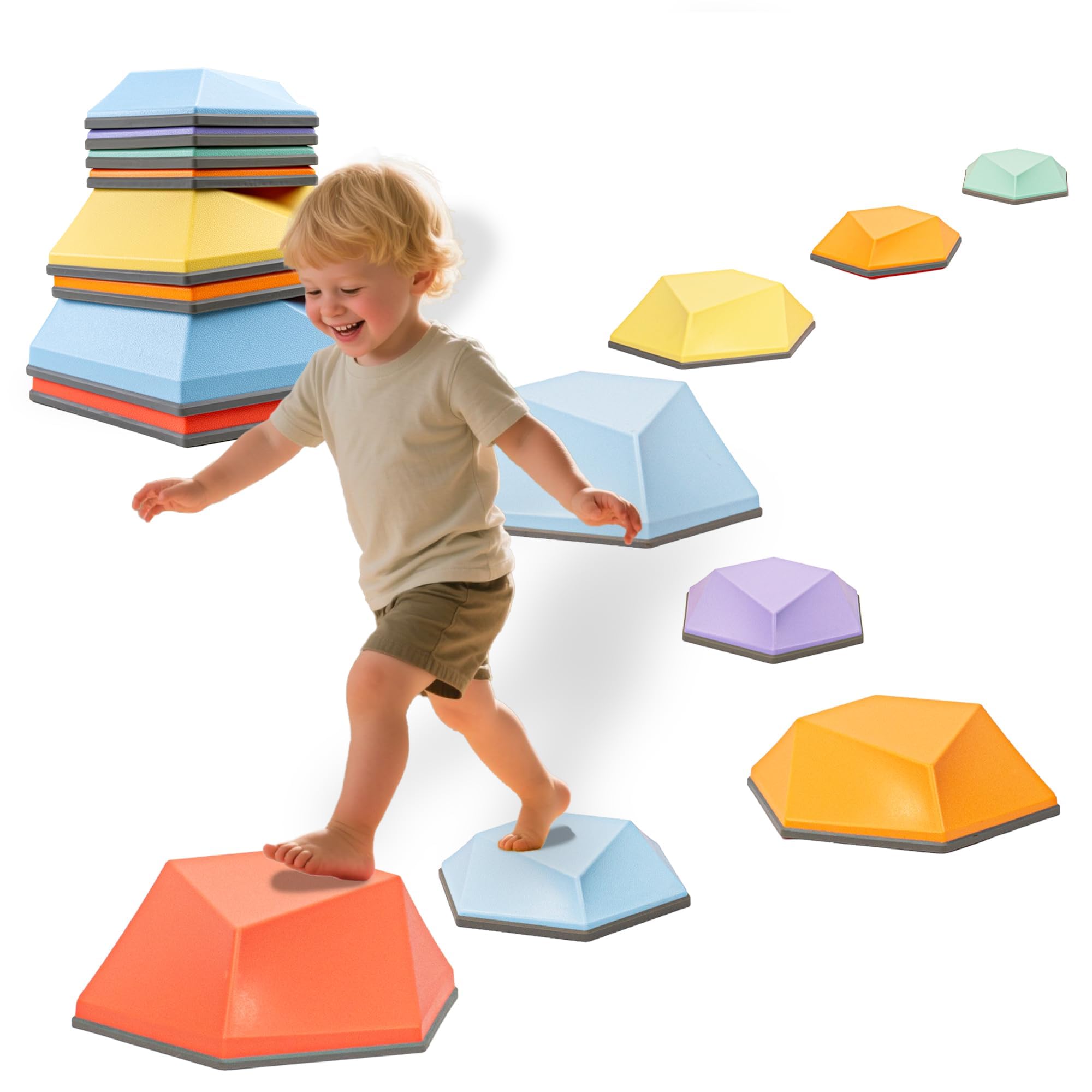 LilStones Kids Stepping Stones – 8 Piece Balance Blocks Set for Toddlers, Multicolor Balance Beam Path for Obstacle Course Play, Promotes Coordination & Motor Skills
