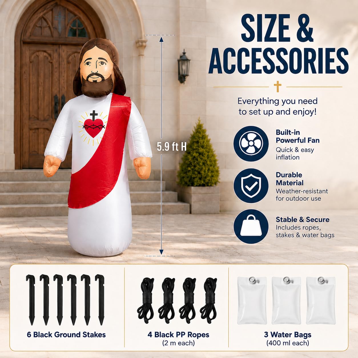 Décoration gonflable Jésus-Christ de 1,5 m avec lumières LED, décoration religieuse gonflable pour extérieur, pelouse, jardin, église, décoration de Noël, Pâques, vacances