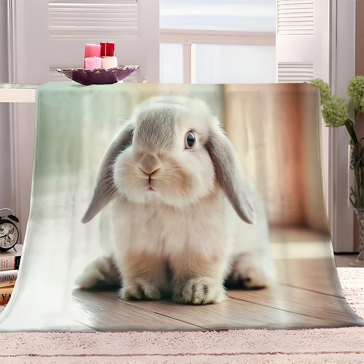 Couverture polaire lapin blanc 130x150cm plaid flanelle douce et moelleuse pour lit adulte enfant