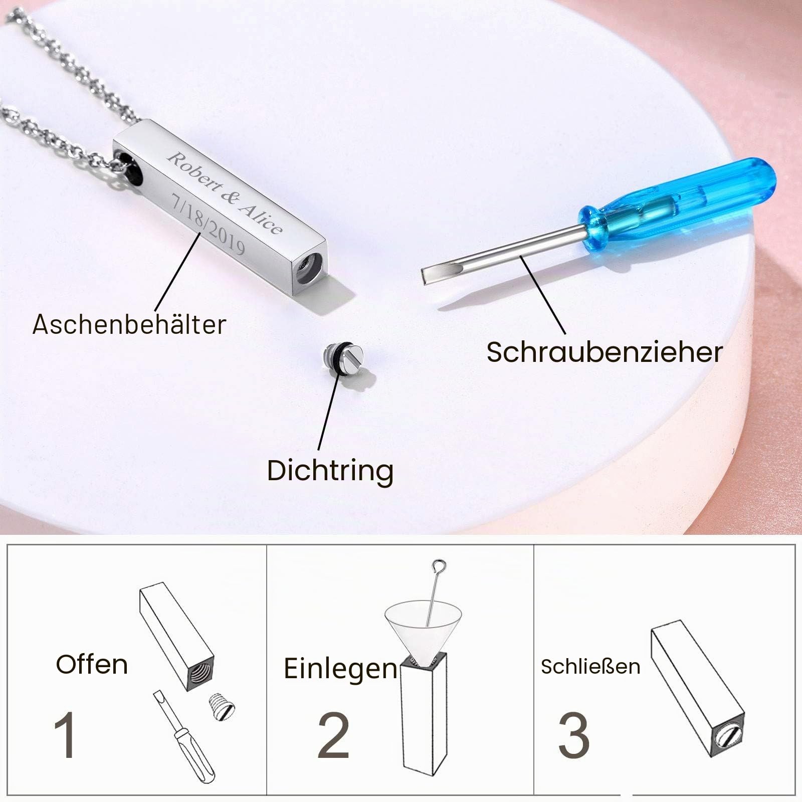 FindChic Personalisierter Memorial Urnen Anhänger Halskette Edelstahl Lebensbaum/Quader/Herz/Sanduhr/Katze Anhänger mit Trichter für Asche/Haare/Öl Charms Anhänger Gedenken für damen Herren